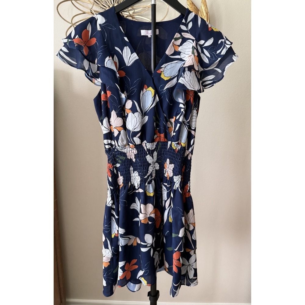 Parker XS Blue Floral Ruffle Smocked Waist Mini Dress V Neck Flowy